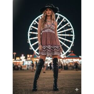 Mossimo Boho Paisley Tiered Mini Dress Large L Mixed Print Pom Pom Trim Festival